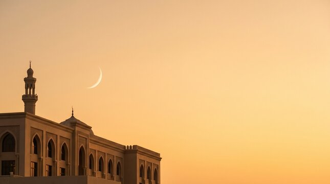 Minimalist Mosque Silhouette with Crescent Moon at Golden Sunset