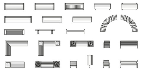 Naklejka premium Top view floor plans. Outdoor garden furniture elements for landscape design. Architectural landscape design top view floor plans and exterior area layouts.