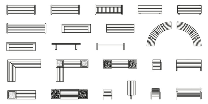 Top view floor plans. Outdoor garden furniture elements for landscape design. Architectural landscape design top view floor plans and exterior area layouts.