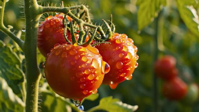 Fresh tomatoes on the vine glistening with water droplets in a sunny green garden setting