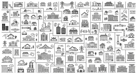 Obraz premium Collection of Hand Drawn Architectural Building Icons and Symbols.