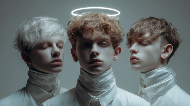 Surreal Portrait of Young Man with Halo and Multiple Faces Concept of Identity Duality and Inner Self