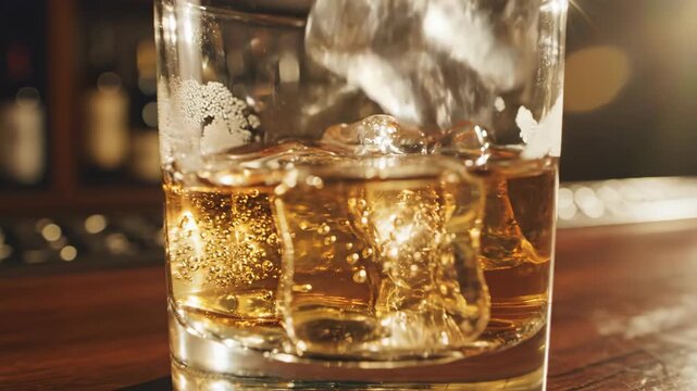 A glass of whiskey with ice cubes on a wooden bar, surrounded by a warm, blurred background ambiance