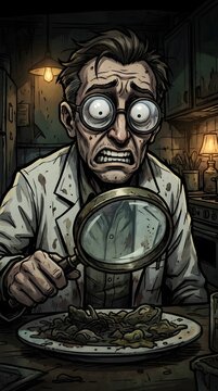 Scientist with magnifying glass peers at plate of questionable food, his eyes wide with alarm and disgust.