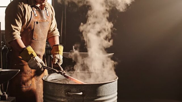 Blacksmith quenching hot metal in water