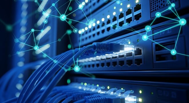 Network switch with connected ethernet cables in a server room data center