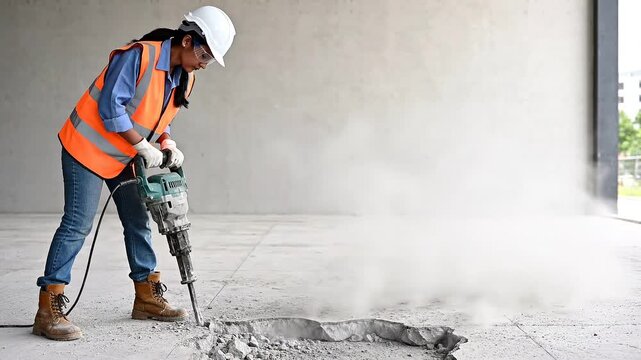 Construction worker jackhammering old concrete