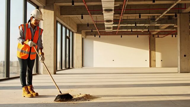 Construction worker cleaning up debris after work