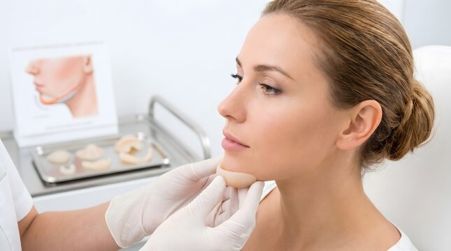 Cosmetic surgeon consults with patient, demonstrating chin augmentation implant options and anatomical diagrams in a modern clinic setting.
