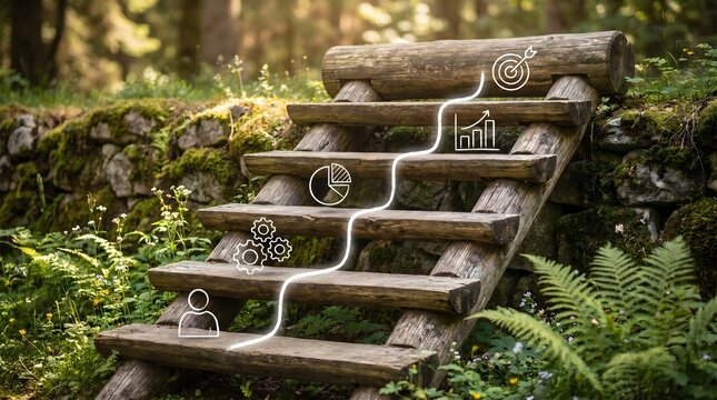 Wooden staircase in a forest with glowing icons representing business growth stages and progress toward a target.