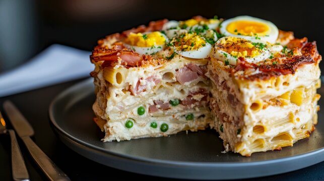  a Pasta al Forno or timbale. A sharp knife has cut a perfect wedge from a cylindrical mold, revealing intricate, compact layers of rigatoni, b&eacute;chamel, ham, peas