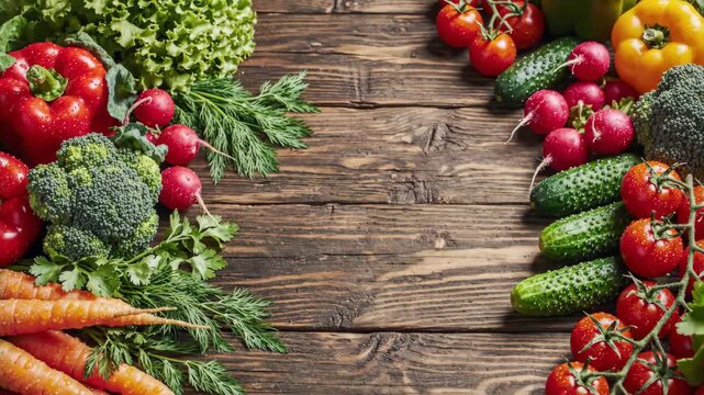 Fresh vegetables arranged on rustic wooden table with various vibrant greens and colorful produce