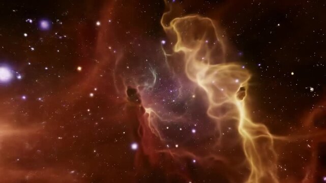 Tracking video through red, gold, green, amethyst nebula, cosmic dust & gas, volumetric lighting against starry void. Deep space exploration concept
