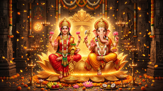 Goddess Lakshmi and Lord Ganesha Seated on Lotus for Diwali Puja