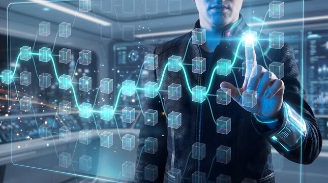 Person's hand touches a glowing data visualization graph with abstract cube elements in a high-tech control room environment.