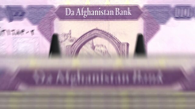 Afghanistan Afghani money counting machine with banknotes. Quick 100 AFN currency note down rotation. Business and economy concept loopable and seamless background.