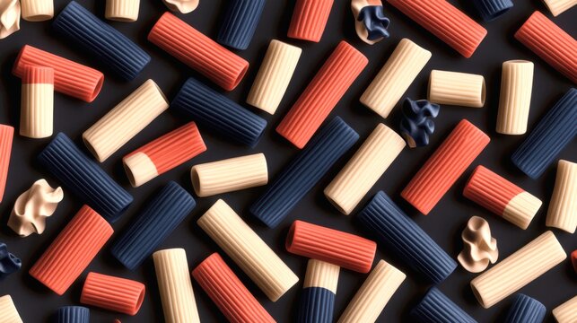 A seamless, repeating vector pattern of stylized, simplified rigatoni shapes. The design uses bold, outlined cylinders with diagonal cuts