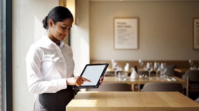 Server taking an order on a digital tablet at the table