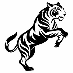 Obraz premium A striking black and white vector illustration of a tiger rearing up on its hind legs in a dynamic and powerful pose for use in logos or graphic design projects