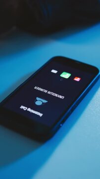 Phone call, screen and notification with sign for communication, connection and answer. Tech, mobile user and digital app for online chatting, network and unknown contact for scam and cyber security