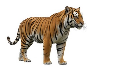 Obraz premium Majestic Bengal tiger standing in profile, powerful wild cat with orange and black stripes, predatory Siberian tiger wildlife photography isolated on White Background
