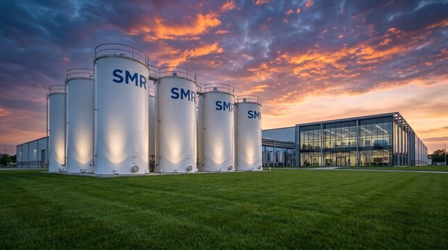 Modern SMR Small Modular Reactor nuclear energy facility with industrial tanks and glass building at sunset, sustainable power plant concept.