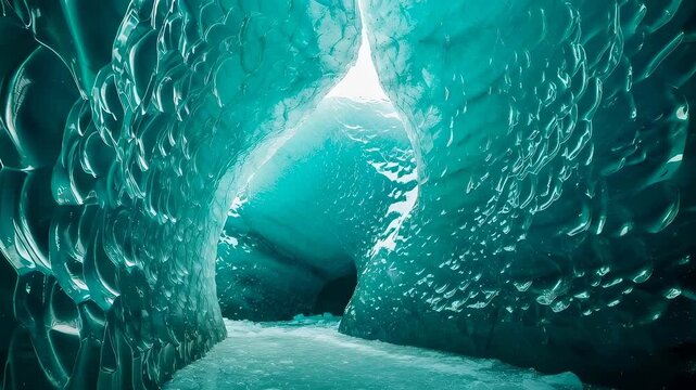 Light shining inside a deep blue ice cave. Glistening glacial tunnel walls with frozen textured surfaces. Natural cavern explorer view in a polar environment.