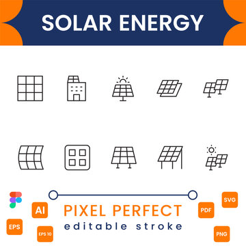 Solar power icon collection with photovoltaic panels, renewable energy, green technology and sustainable electricity symbols modern vector