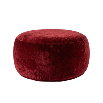 Round red velvet pouf ottoman isolated. Luxury soft seating furniture mockup.