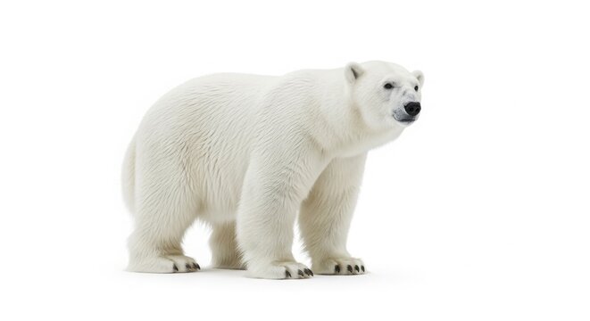 Majestic polar bear standing in profile, powerful arctic predator with thick white fur, wild ursus maritimus animal in natural stance isolated on White Background