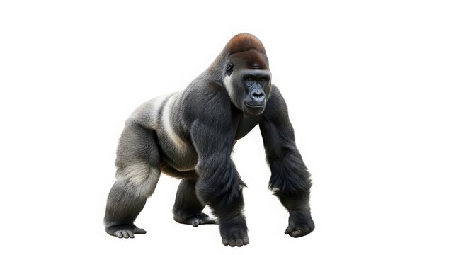 Silverback gorilla standing in powerful pose, majestic western lowland gorilla with black and grey fur, muscular primate wildlife photography isolated on White Background