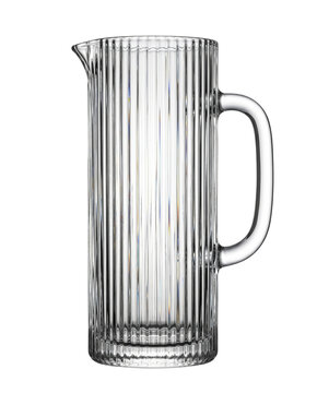 Clear fluted glass pitcher with handle side view isolated. Modern kitchen drinkware mockup.