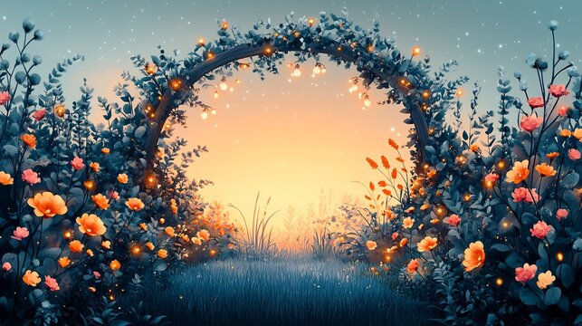 Whimsical wedding invitation card adorned with watercolor illustrations of a quaint garden twinkling fairy lights and a rustic wooden arch Text captures the date and location in a playful font