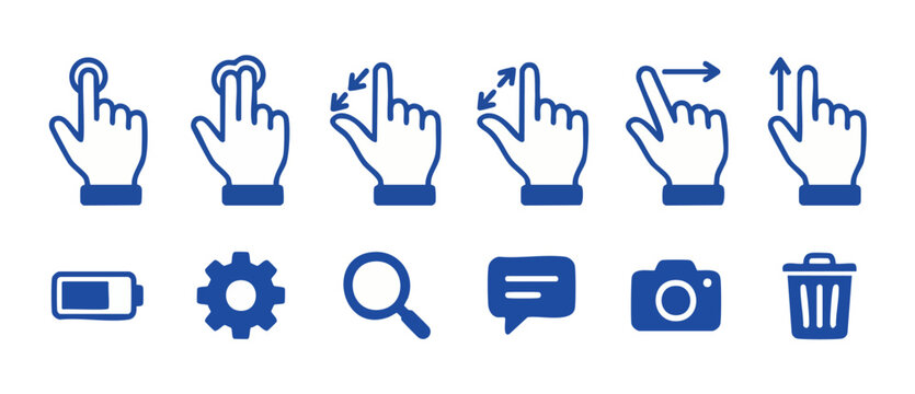 Touch gestures and interface icons set, blue linear hand symbols for mobile screen navigation, smartphone app control elements, zoom, scroll, swipe, tap and settings user interface design collection