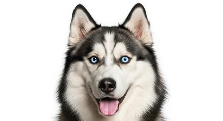 Fototapeta premium Siberian Husky portrait with bright blue eyes, majestic sled dog headshot, black and white purebred canine with friendly expression isolated on White Background