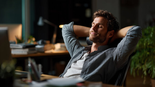  Employee relaxing after completing work representing relief and balance.
