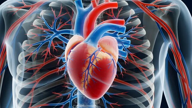 3D Beating Human Heart Anatomy: A photorealistic human heart beats rhythmically with anatomically accurate chambers, translucent X-ray skin revealing crimson muscle contractions and glowing...