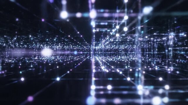 Digital network glowing points and lines forming futuristic grid with flowing data and advanced technology in dark space illuminated by blue and purple light for virtual connectivity