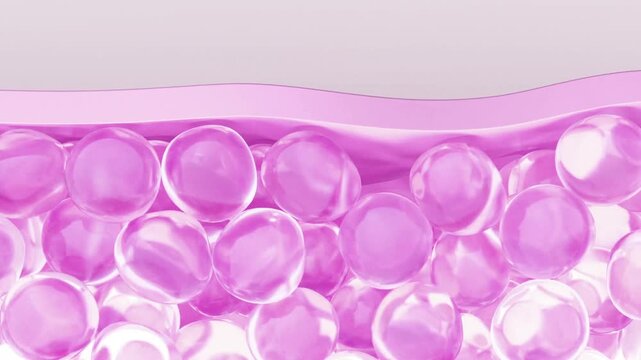 3D animation for cosmetic ad: active essence penetrates skin cells, boosts regeneration, firms sagging skin, removes wrinkles. Pink glowing cells represent beauty and anti-aging care.