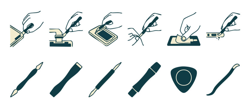 Electronics repair tools icon set, smartphone service maintenance kit for technician, mobile device disassembly manual steps and professional instrument collection for hardware fixing and screen repla