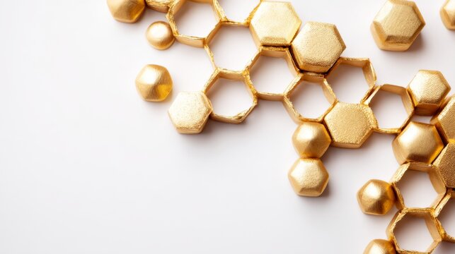 Elegant geometric arrangement of golden hexagons and spheres on a clean white background, ideal for luxury and modern design themes