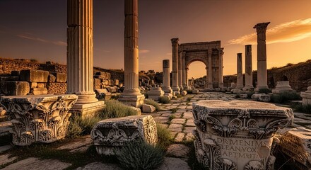 Naklejka premium Ancient roman ruins with grand stone columns and an arched gateway bathed in the warm golden glow of a dramatic sunset evoking a sense of history and timelessness
