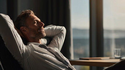 Fototapeta premium Employee relaxing after completing work representing relief and balance. 