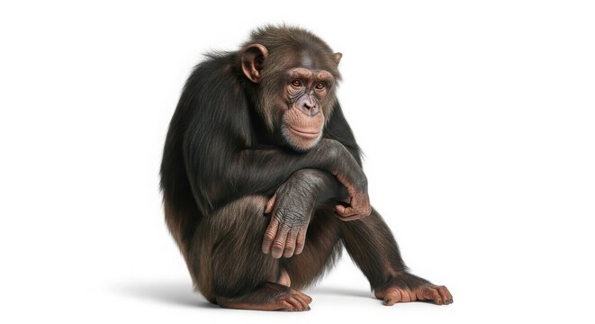 Chimpanzee sitting in thoughtful pose, expressive common chimpanzee primate, wild ape with dark fur and detailed facial features isolated on White Background