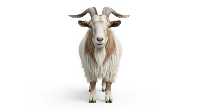 Majestic white goat with large horns, domestic farm animal portrait, long hair billy goat standing isolated on White Background