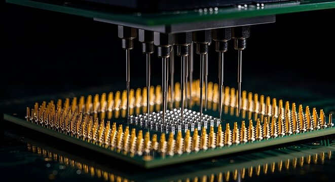 Closeup of a semiconductor chip being tested by a precision probe station