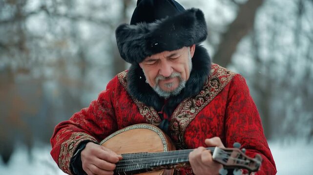 Elderly cossack musician with a gray beard wearing a traditional red caftan and a fur hat, passionately playing a kobza while sitting outdoors in a snowy park during a peaceful winter day