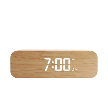 Modern wooden digital alarm clock displaying 7 am.