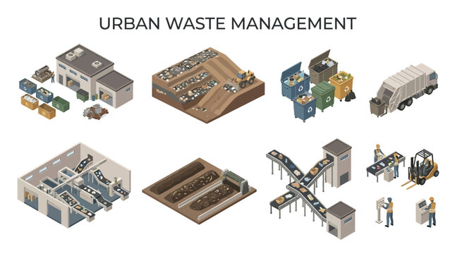 Urban Waste Management Facilities with Recycling Bins Landfill Trucks and Sorting Conveyors