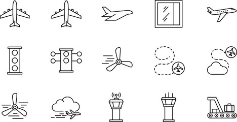 Aviation and Airport Logistics Icon Set Featuring Commercial Airplanes Flight Routes Control Tower Propeller Engines and Baggage Handling Graphics © AlviAhmed